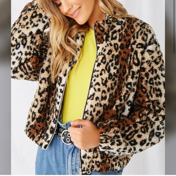 Forever 21 Cropped Leopard / Cheetah Print Sherpa Full Zip Jacket Sz S - Picture 2 of 10